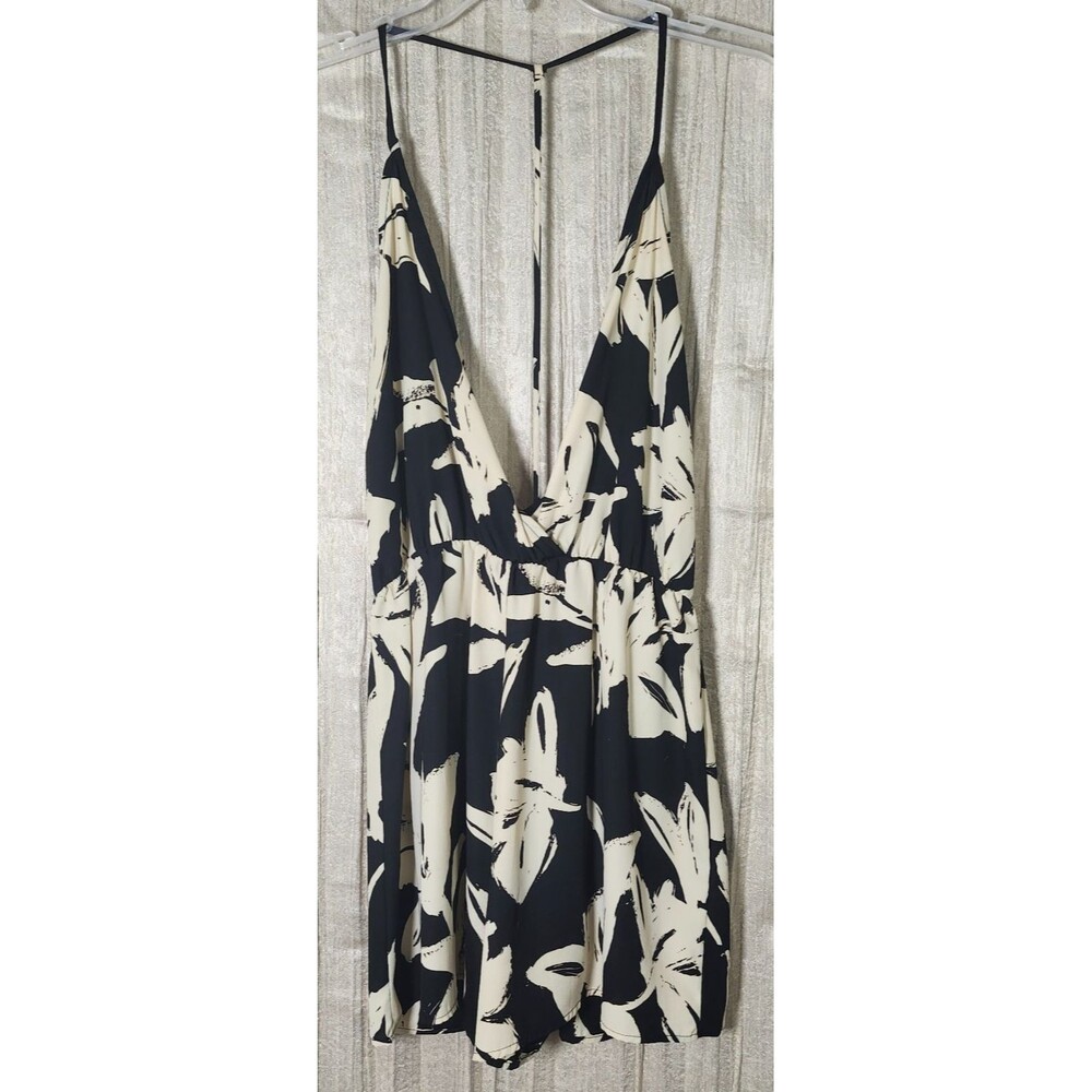 Lac Bleu Womens Medium Romper Brown Cream Abstract Floral Deep V T-Strap Back